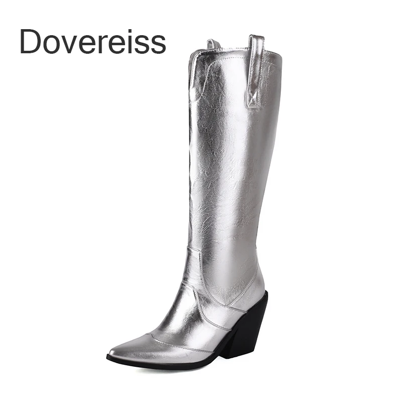 

2023 New Winter Women Shoes Fashion Knee High Boots Chunky Heels Sexy Booties Silver Female Boots Big Size43 44 45 46 47 48