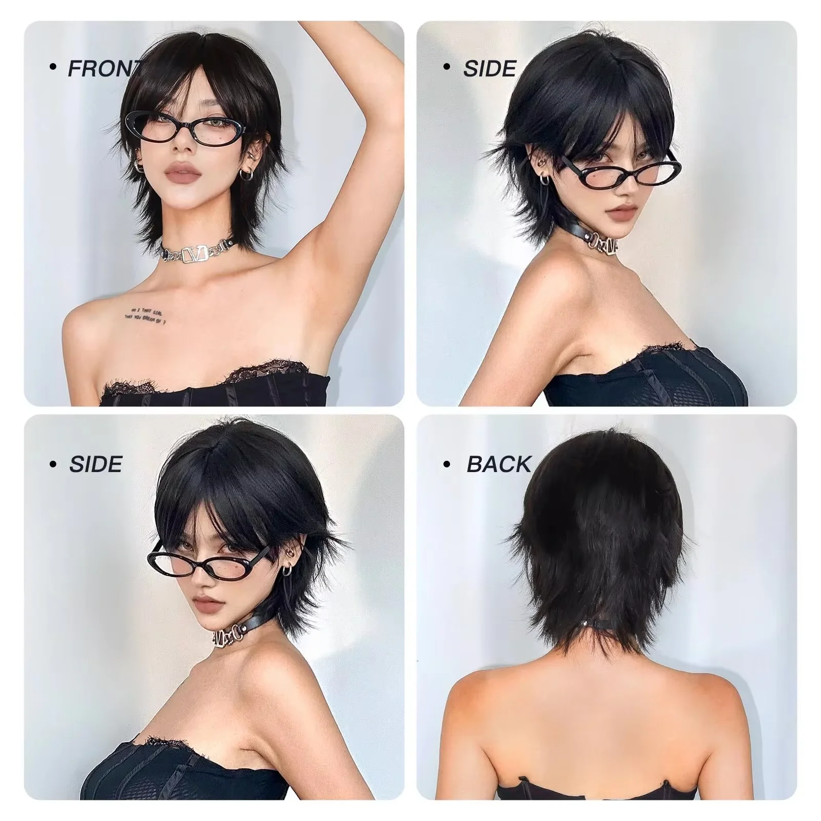 12 inch short salmon head wig with bangs, women's short straight black synthetic wig, party elf cut short wig