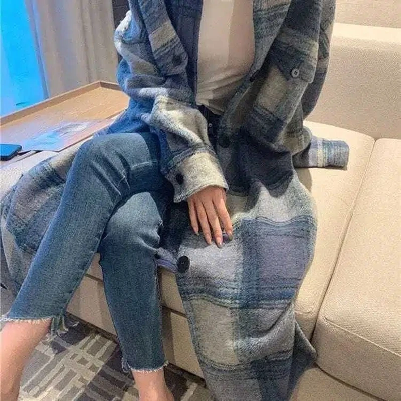 여성용 롱 격자 무늬 셔츠 코트, 오버사이즈 체크 무늬 셔츠, 빈티지 루즈 싱글 브레스티드 롱 가디건, 여성 패션, 가을