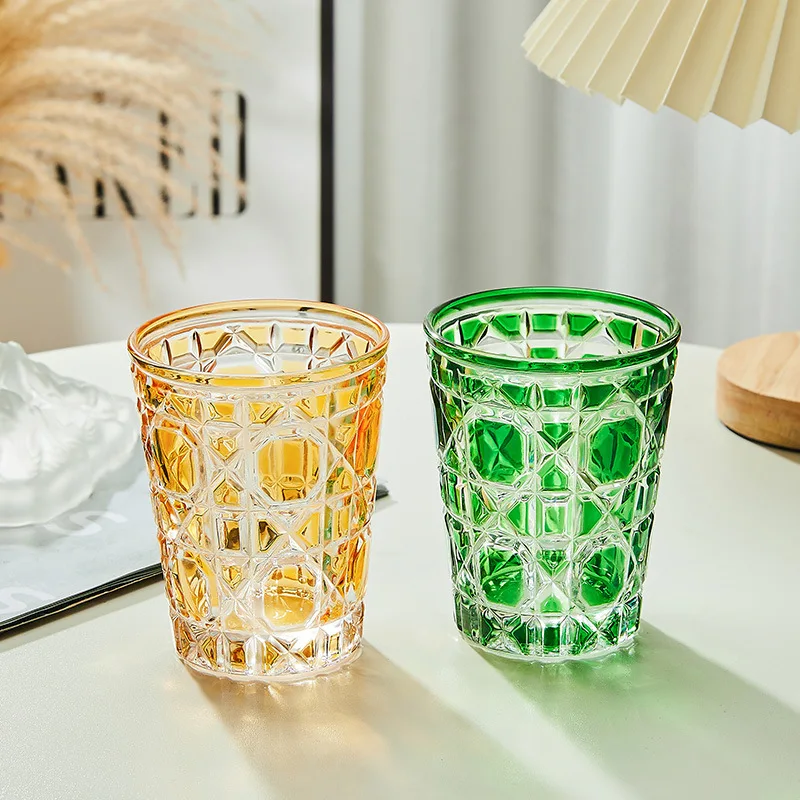 Whiskey Glass 310ml European Style Colorful Checkered Creative Hand-carved Heavy Thick Bottom Whiskey Bourbon Spirits Water Glass Tumbler Cup