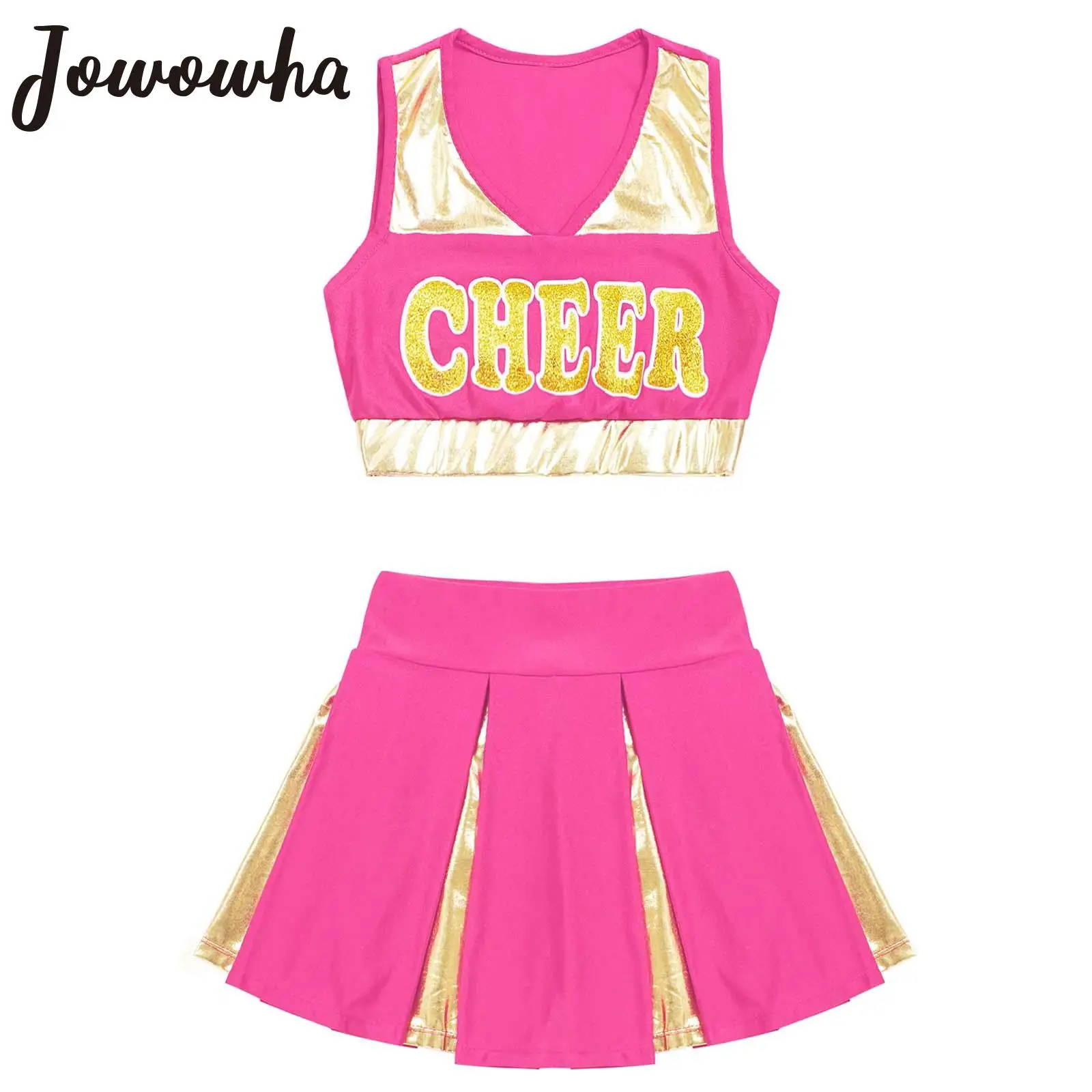 

Kids Girls Cheerleading Costumes Uniform Cheer Up Dance Outfit Halloween Cosplay Costume Crop Top with Mini Pleated Skirt Sets