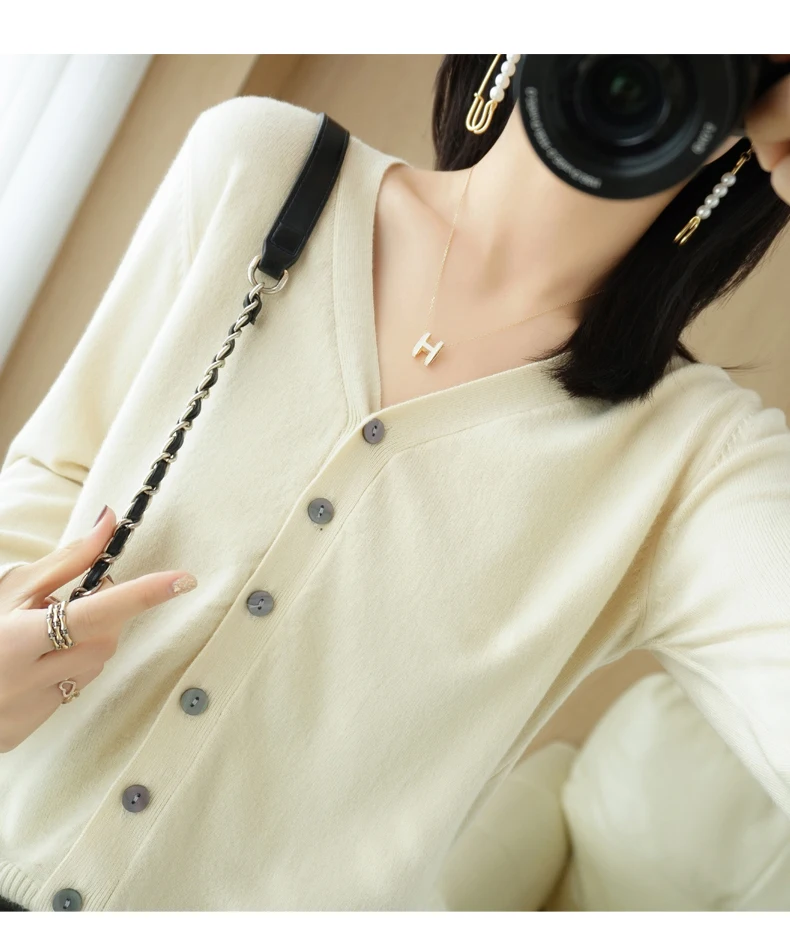 Early Autumn New Andy Cashmere Knit Cardigan V-Neck Solid Color Fashion High-Grade Comfortable Loose Casual Knitwear -GH021