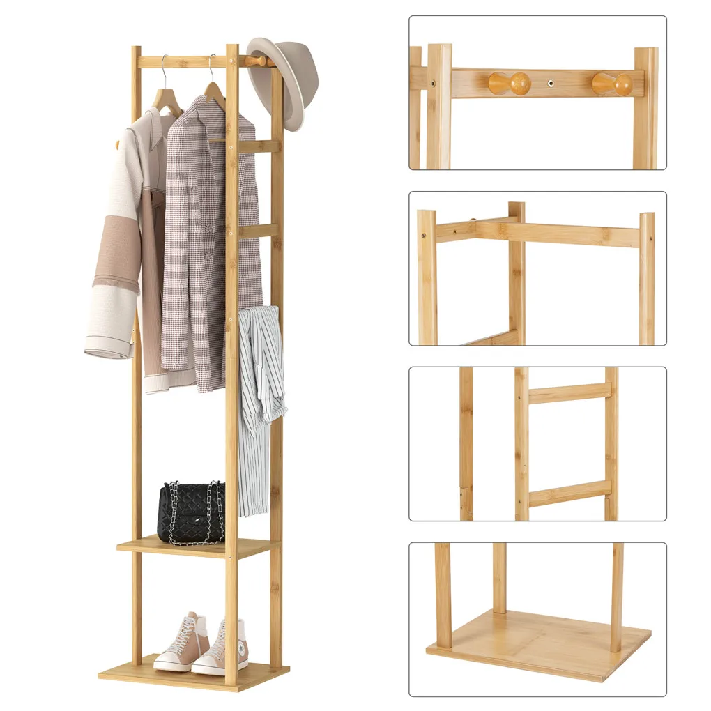 Bamboo Garment Rack, Clothing Rack with 2 Tier Storage Shelves, Wooden Garment Rack, Clothes Hanging Rack, Cloest Organizer — view 3