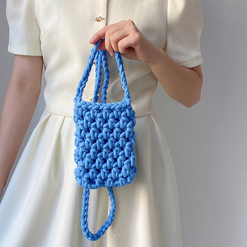 New Candy Color Knitted Mobile Phone Bag Women's Hollow Out Woven Bag Girl Knitting Mini Crossbody Bag Messenger Bag