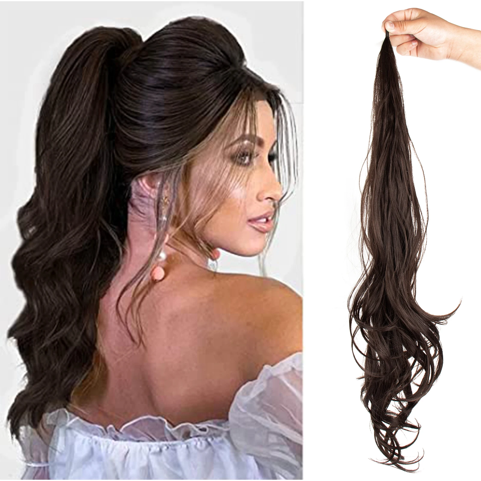 Ponytail Extension 32 Inch Flexible Wrap Around Ponytail Hair Extensions Long Curly Synthetic Ponytail Wavy Pretty Hair