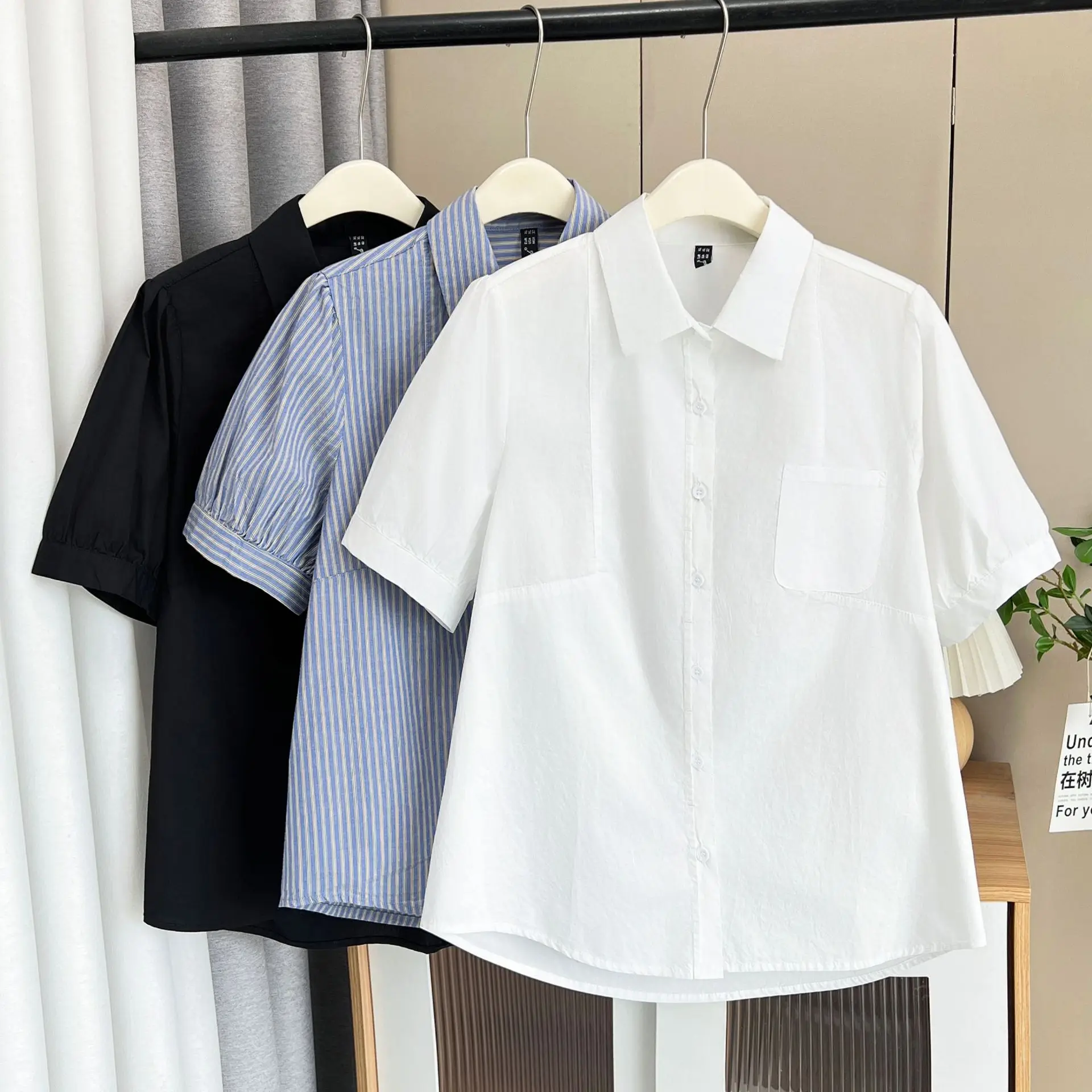 Summer New Plus Size Blouses Women's Wear 100KG Casual Single Pocket Puff Sleeve Washed Cotton Shirt 2517