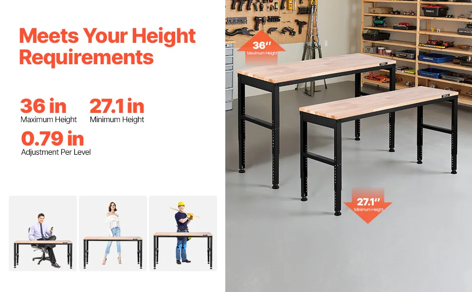 SucceBuy 2000 lbs Adjustable Garage Workbench 61" L x 20" W Work Table with 28.3"-38.1" Height & Hardwood Top for Office Home