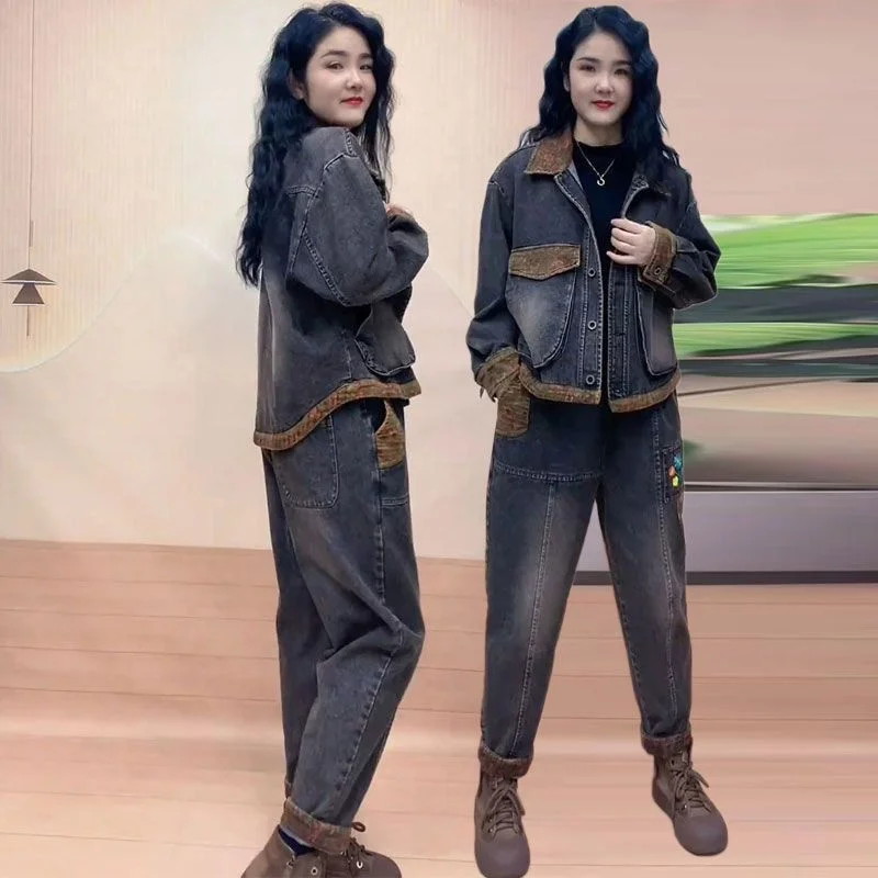 Retro Women Jeans Suits 2025 New Autumn Women's Hooded Stitching Denim Jacket Fashion Suit Female Two-Piece Sets Cotton Vintage