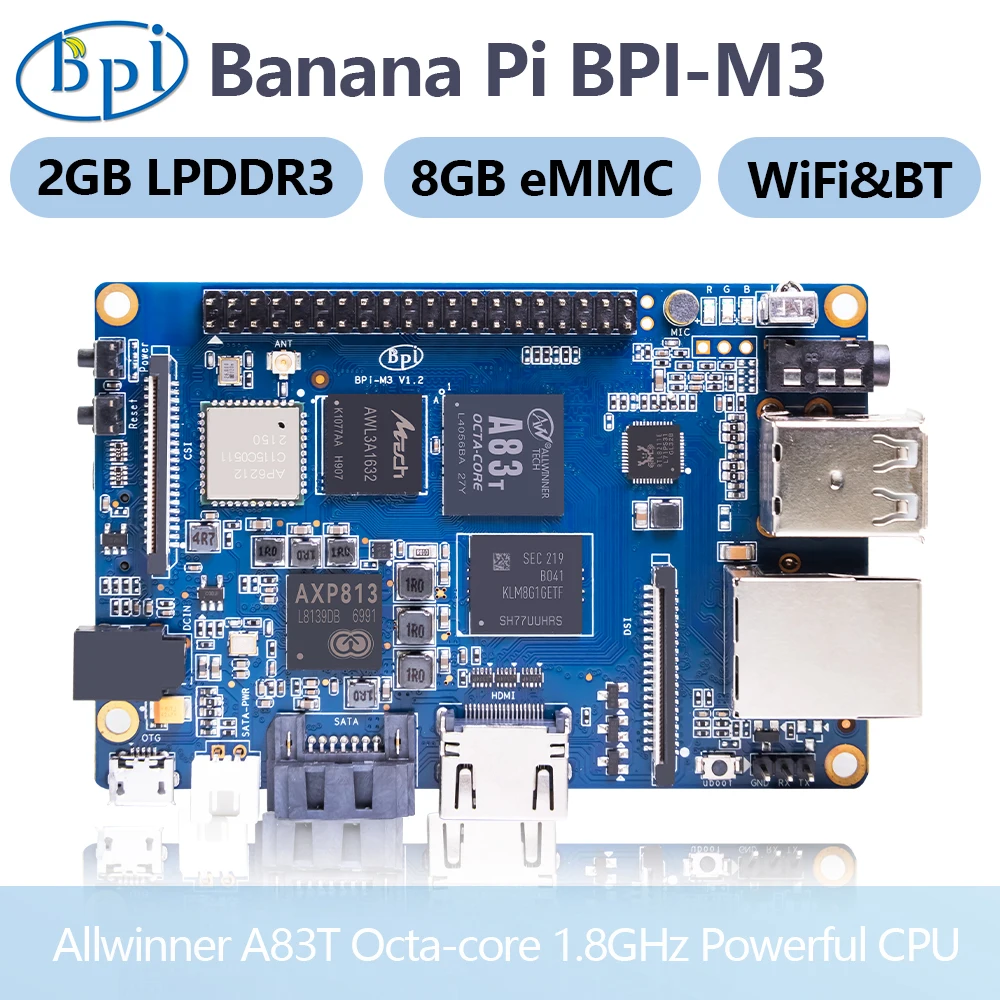 Banana Pi BPI-M3 Allwinner A83T Octa-core Processor Motherboard 2GB LPDDR3 8GB eMMC Linux Raspberry Pi SBC Single Board Computer