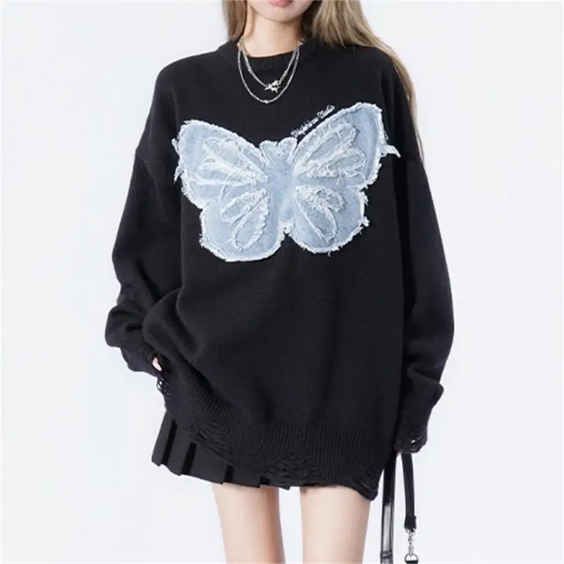 

Y2K Harajuku Butterfly Patch Pattern Long Sleeve Knit Men Pullover Autumn Winter Streetwear Casual Women Sweater