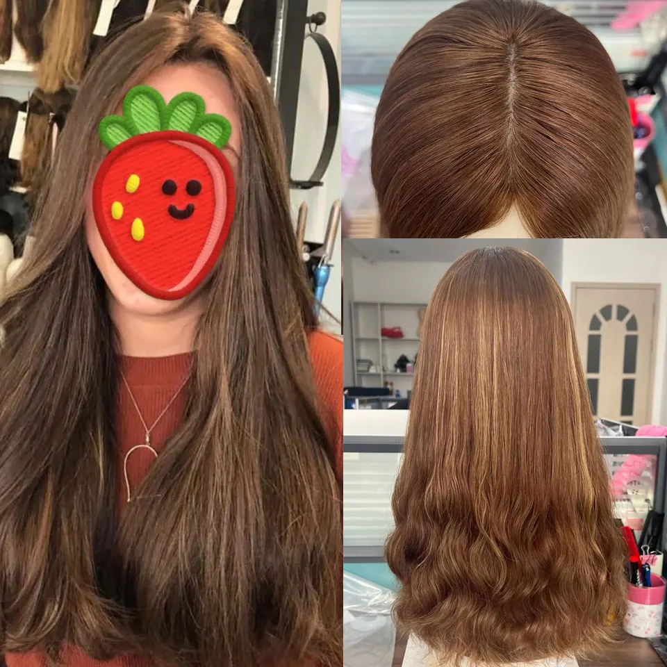 Bottom Wave Silk Top Wig Honey Brown Highlight Jewish Wig 20inch In Stock Small Layer Silk Top Kosher Wigs For Women Middle Part