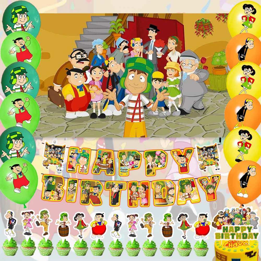 Cartoon Dennis die Menace Thema Party Dekorationen El Chavo del Ocho Thema Grüne Luftballons Hintergrund Kind Geschenke Kuchen Topper Banner