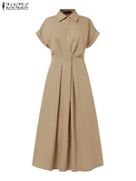 ZANZEA Elegant Chic Women Long Dresses Casual Short Sleeve Collared High Waisted Casual & Day Shirt Dress Solid Color S-3XL - Image 2