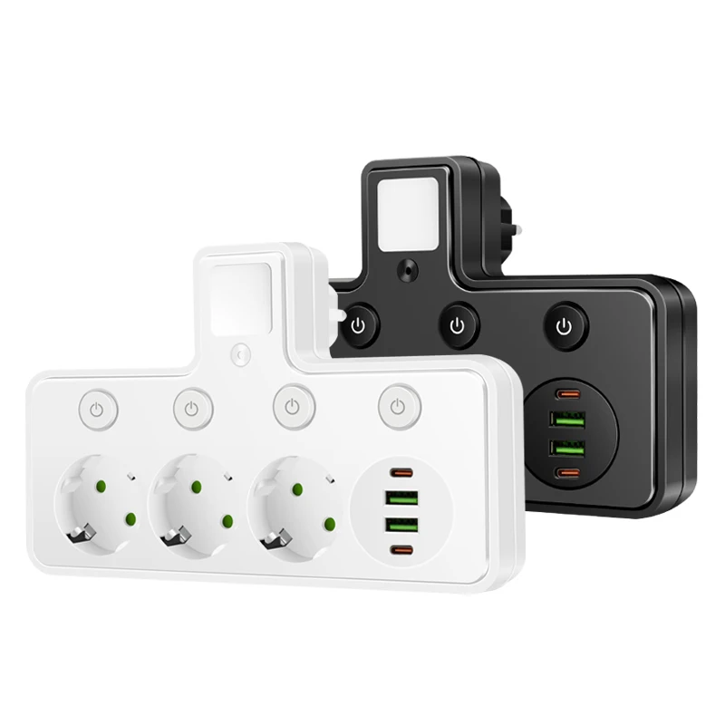 EU Plug Socket 4/3 Sockets Power Strip With 2 USB 2 Type-C Port with Night Light Wall Charger Adapter For Home Offices 5