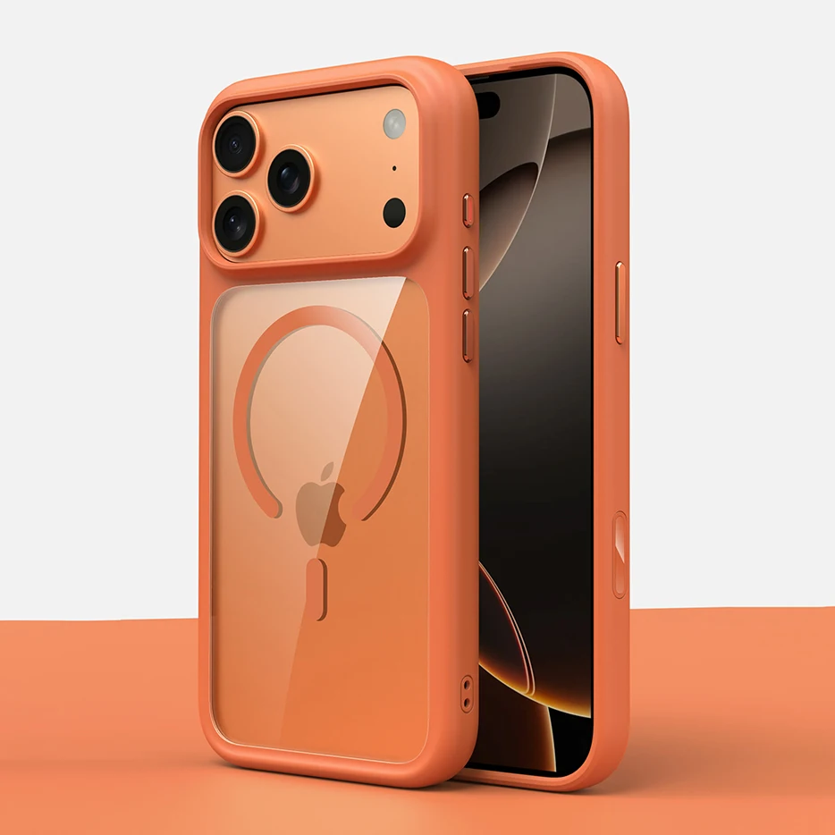 Luxury Orange Matte Transparent Magsafe Phone Case with Metal Buttons and Skin-Feel Shockproof Protection