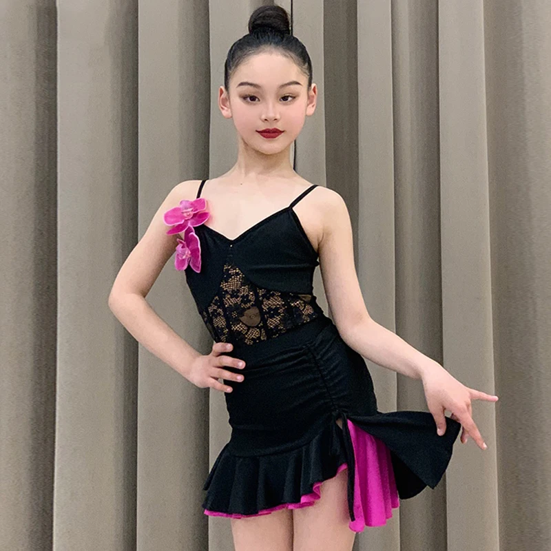2024 Bambini Vestito Da Ballo Latino Ragazze Top In Pizzo Nero Gonna Rodo Flower Dance Costume Cha Cha Rumba Performance Clothes Dnv20101