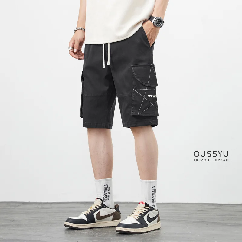 Men Cargo Shorts Summer Soft Cotton Fabric Thin Loose Pocket Denim Elastic Waist Holiday Casual Beach