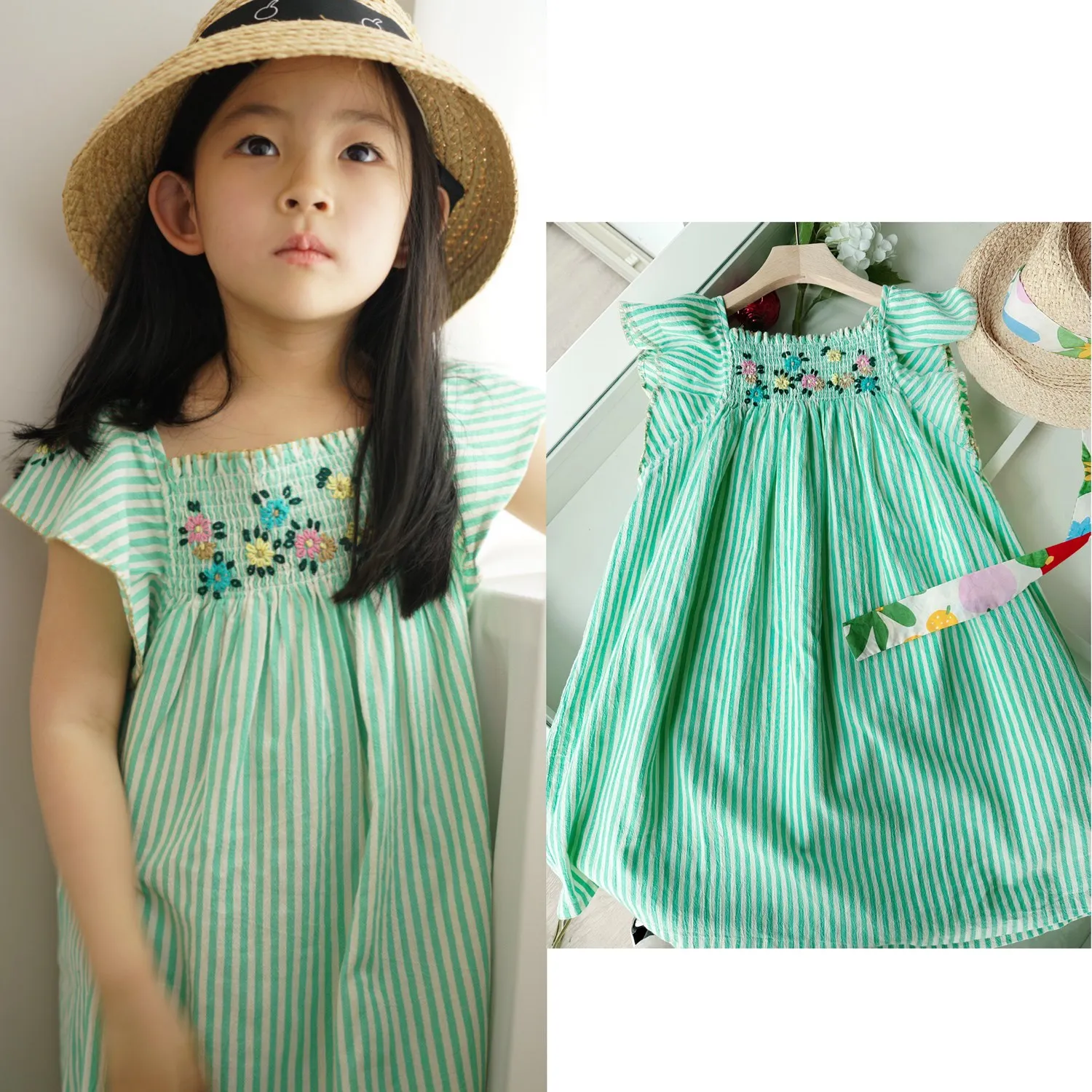 

baby girl clothes French style girls' casual dress Green stripe hand embroidered high-quality dress