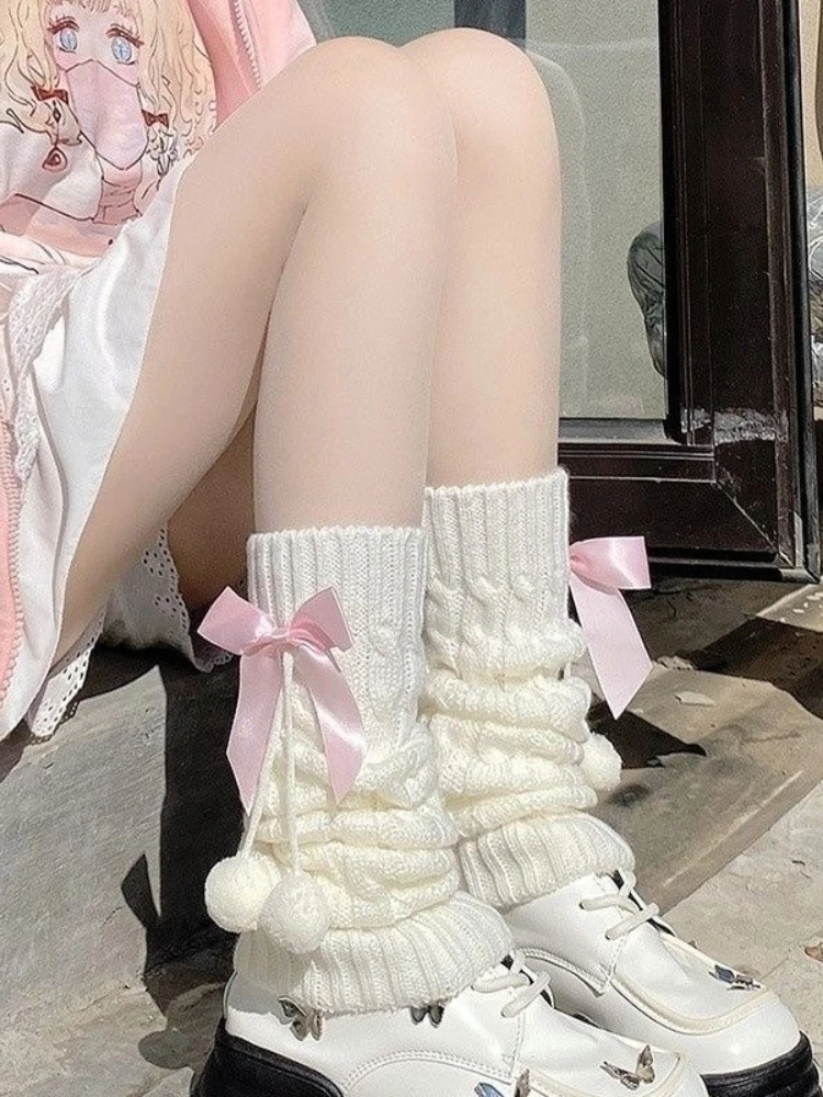 Preppy Style Knitted Leg Warmers Winter Slouchy Pom-pom Japanese Style Warm Lolita JK Bowknot Socks Slimming Thermal Leg Covers
