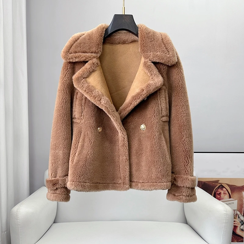 

PUDI 2023 New Design Genuine Sheep Shearing Coat Women Fashion Warm Real Wool Fur Knitted Jacket CT368