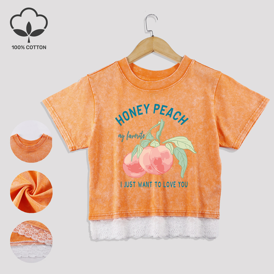 Honey Peach Letter Illustration Prints Cotton Crop Tees Summer Lace Hem Washed T-Shirts O-Neck Distressed Tops Casual Clothes