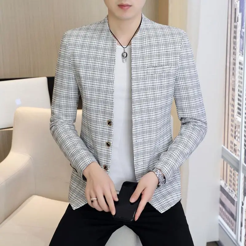 

HOO 2023 Men's Stand Collar Plaid Printed blazer New Slim Handsome Multi-Button blazers