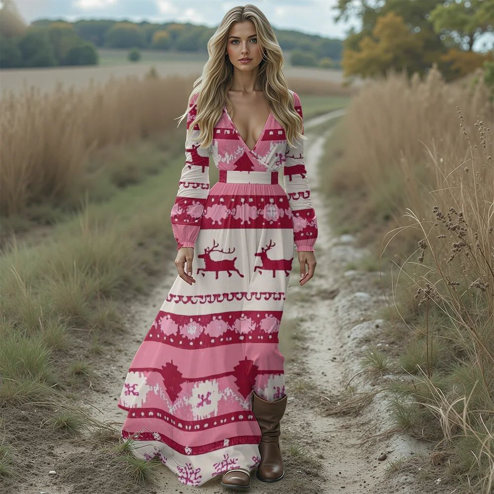 Damen-Kleid mit rosa Rentier- und Schneeflocken-Aufdruck, hässliches Weihnachtskleid, elegantes, sexy Boho-Maxikleid mit tiefem V-Ausschnitt für Urlaubsparty