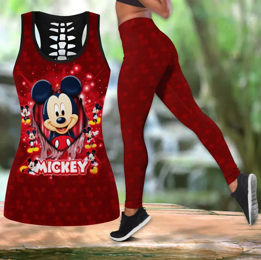 

New Mickey Mouse Women's Hollow Vest Women's Leggings Yoga Suit Fitness Leggings Sports Suit Disney Tank Top Legging Set Outfit