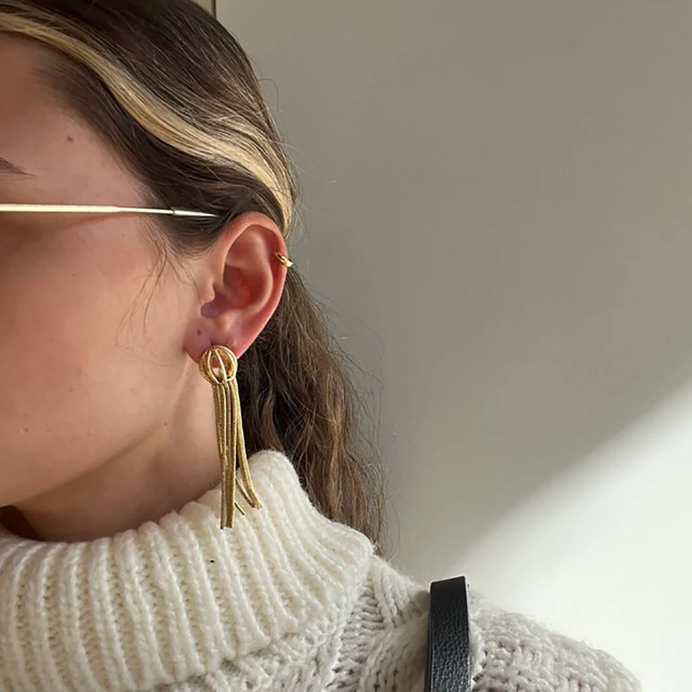 Creative Long Metal Tassels Dangle Earrings for Women 18K Gold Plated Hollow Out Circle Statement Earring Trend Jewelry Aretes