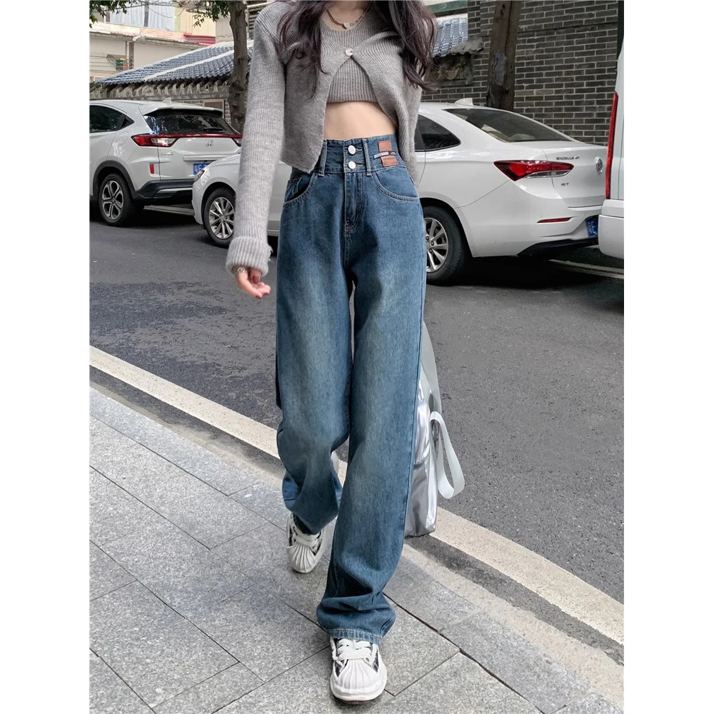 Vintage high-waisted straight jeans female spring new double-button design loose thin versatile trailing wide-legged trousers