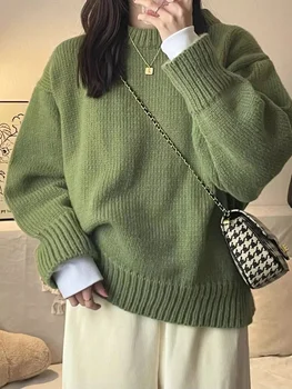 New O-Neck Loose Green Pullover Sweater For Women Autumn Winter Thick Retro Japanese Lazy Style Interior Bottom Knitted Top 1