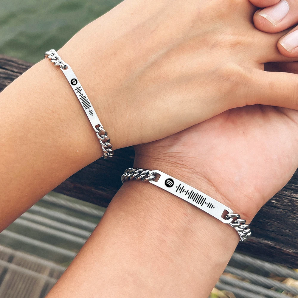 2pcs/set Spotify music QR code custom couple Bracelet titanium steel curved 18K plated gold bracelet Jewelry men and women