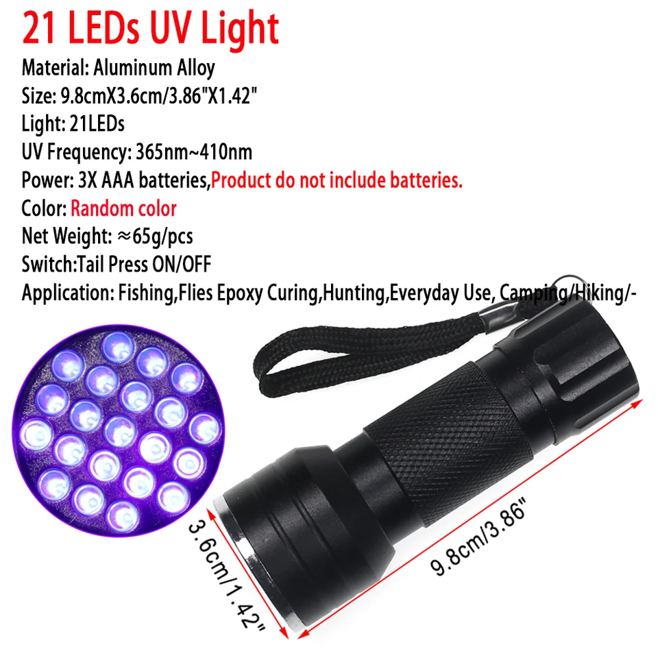 Linterna LED UV De 21 LEDs - Para Curado De Gel, Atar Moscas De Pesca - Incluye Baterías GRATIS