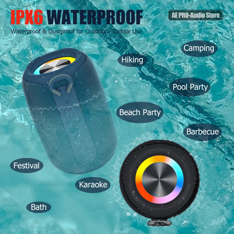 Enhanced Portable Bluetooth Speaker with LoudSound, Deep Bass, and RGB Ambient Light - Waterproof and TWS Stereo Capabilities