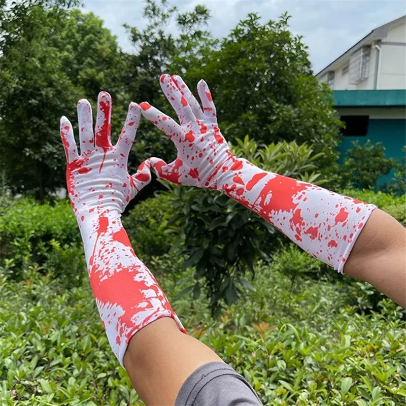 Halloween White Bloody Long Bloodstained Gloves Scary Blood Splattered Gloves Scary Cosplay Costume Masquerade Accessories