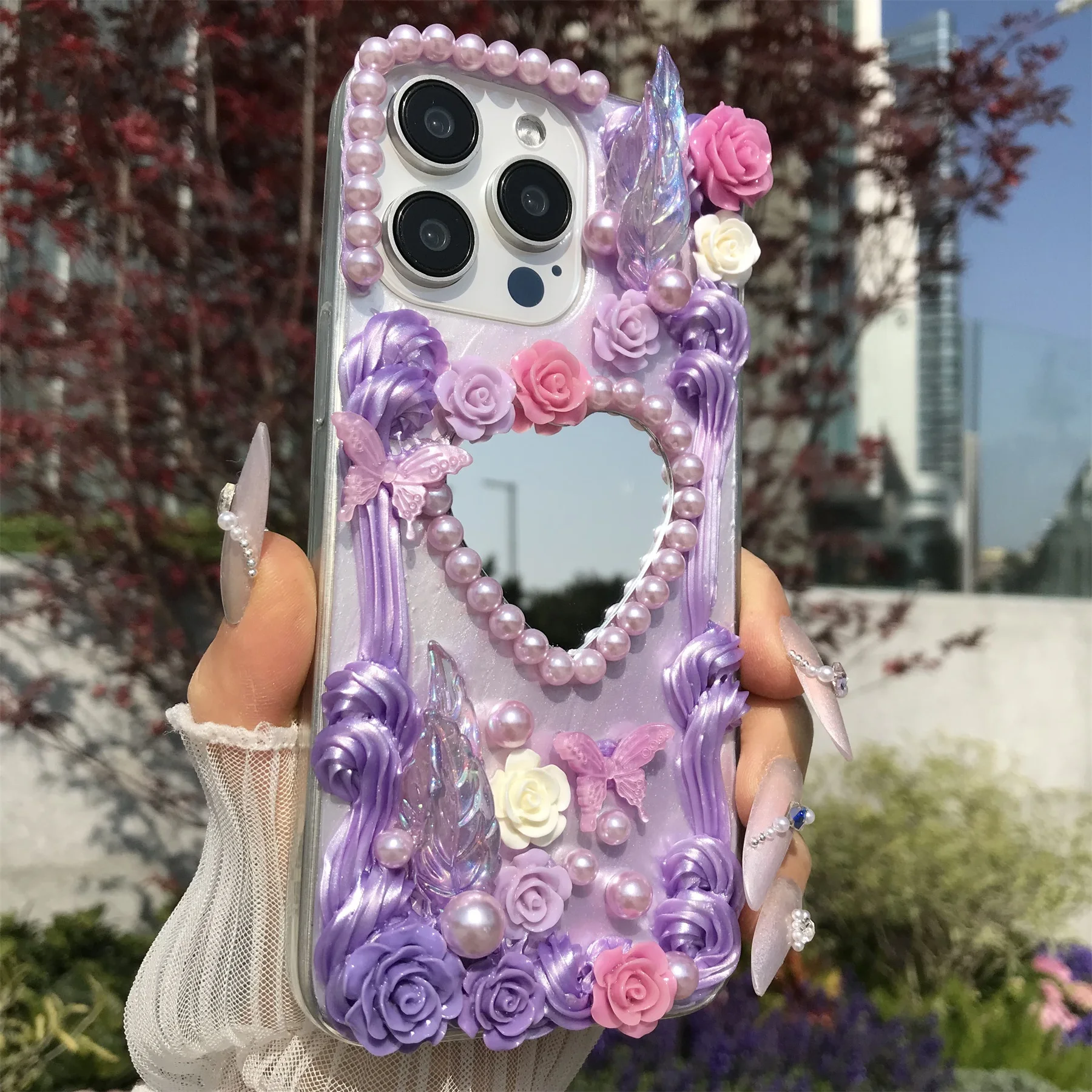 Handmade Purple Baroque Floral Mirror Phone Case - Soft TPU Dustproof Retro Design