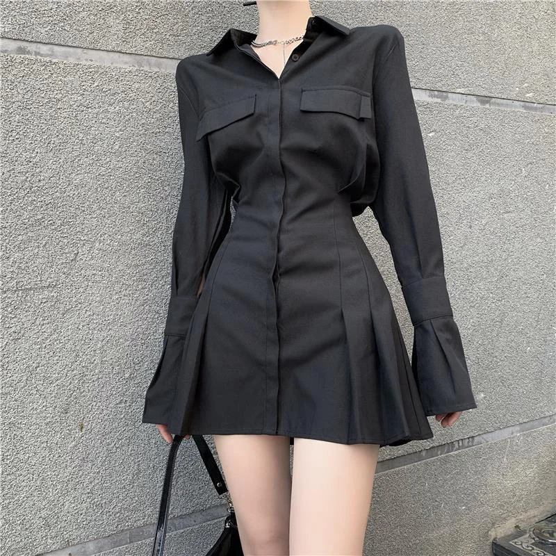 

Y2K готическое черное платье-рубашка, женское элегантное винтажное платье-трапеция с длинным рукавом, пикантное уличное плиссированное платье с отложным воротником