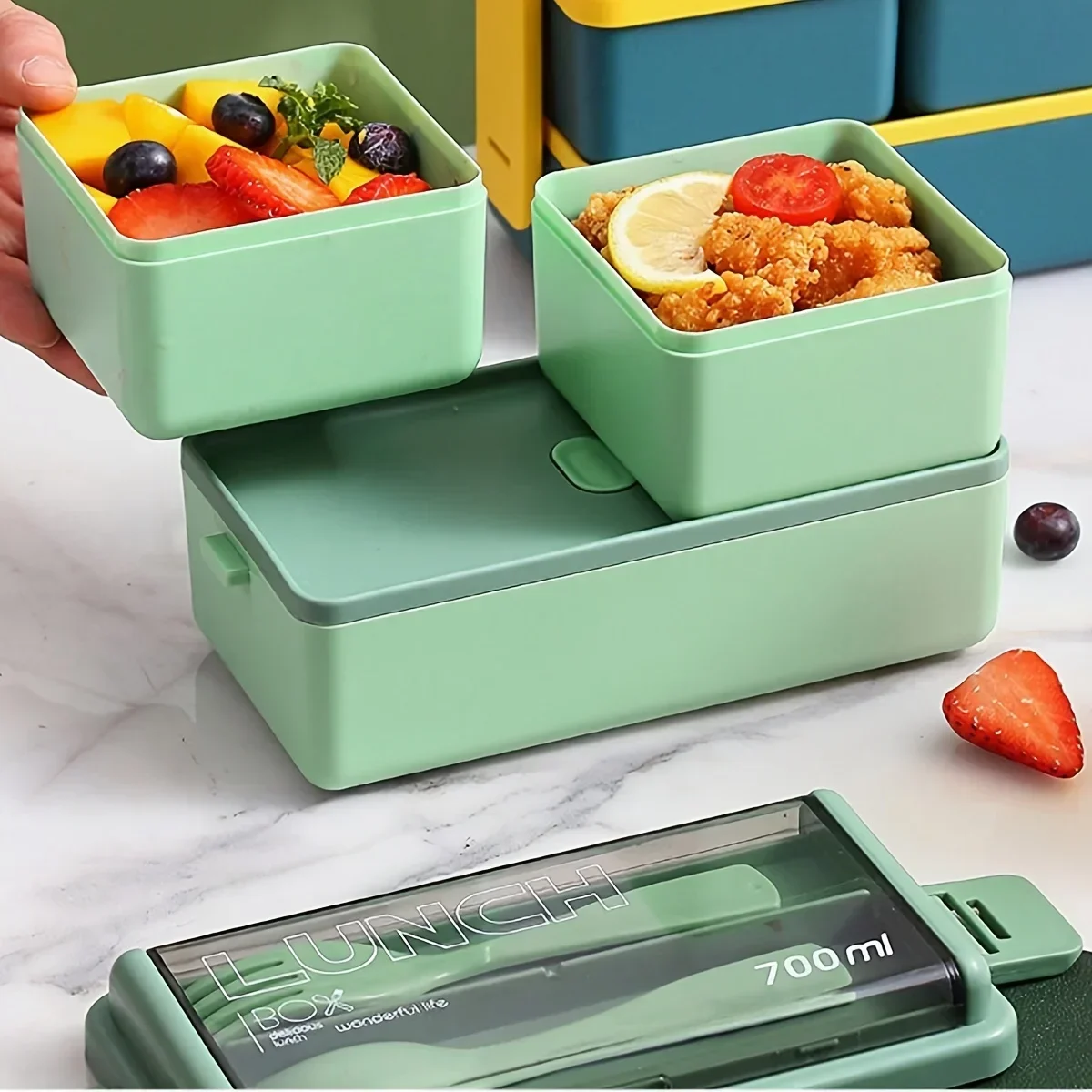 1pc Microwave-Safe Dual-Compartment Lunch Container Fresh-Keeper with Spacious Compartments and Complete Cutlery Set