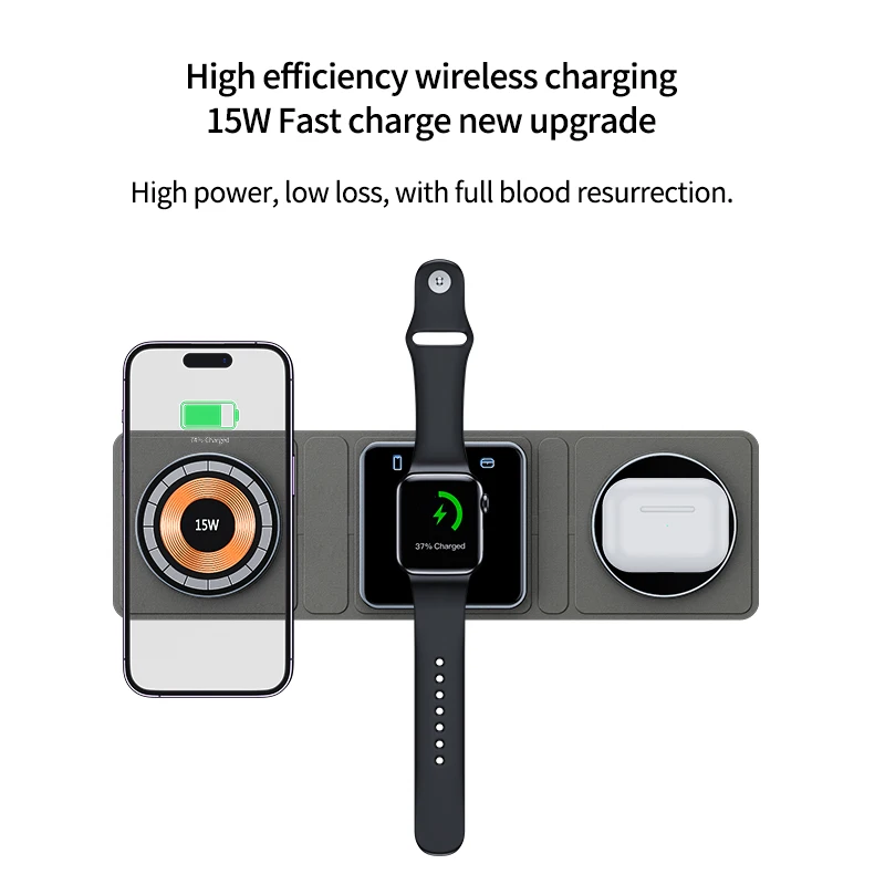 

3 In 1 Magnetic Wireless Charger Pad Stand Foldable for iPhone 15 14 13 12 Apple Watch AirPods 15W Fast Charging Dock Station