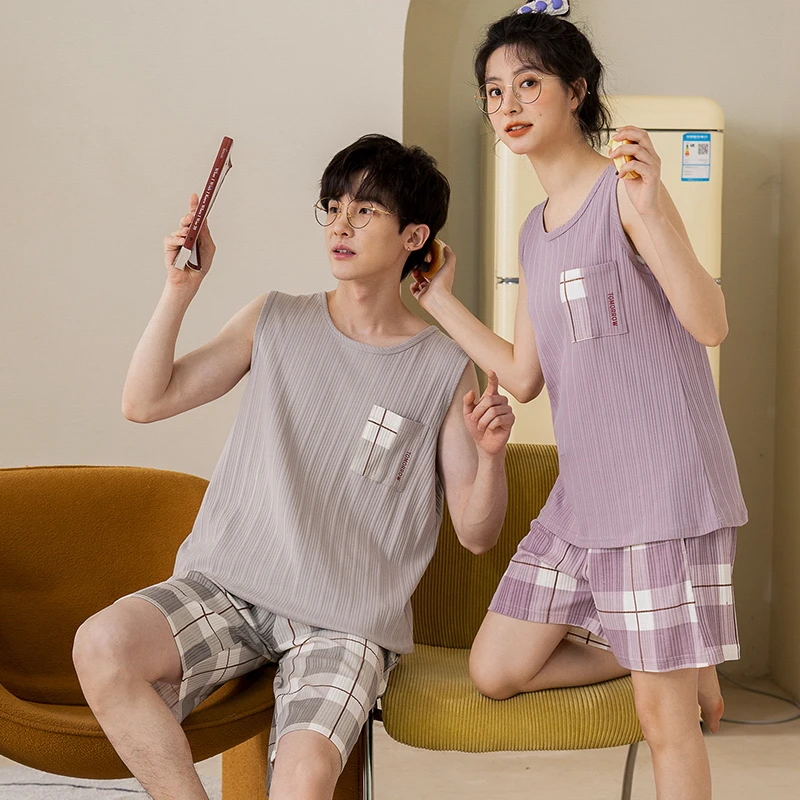2024 new summer women's pajamas round neck vest + shorts casual simple cotton striped plaid home service couple pajamas men