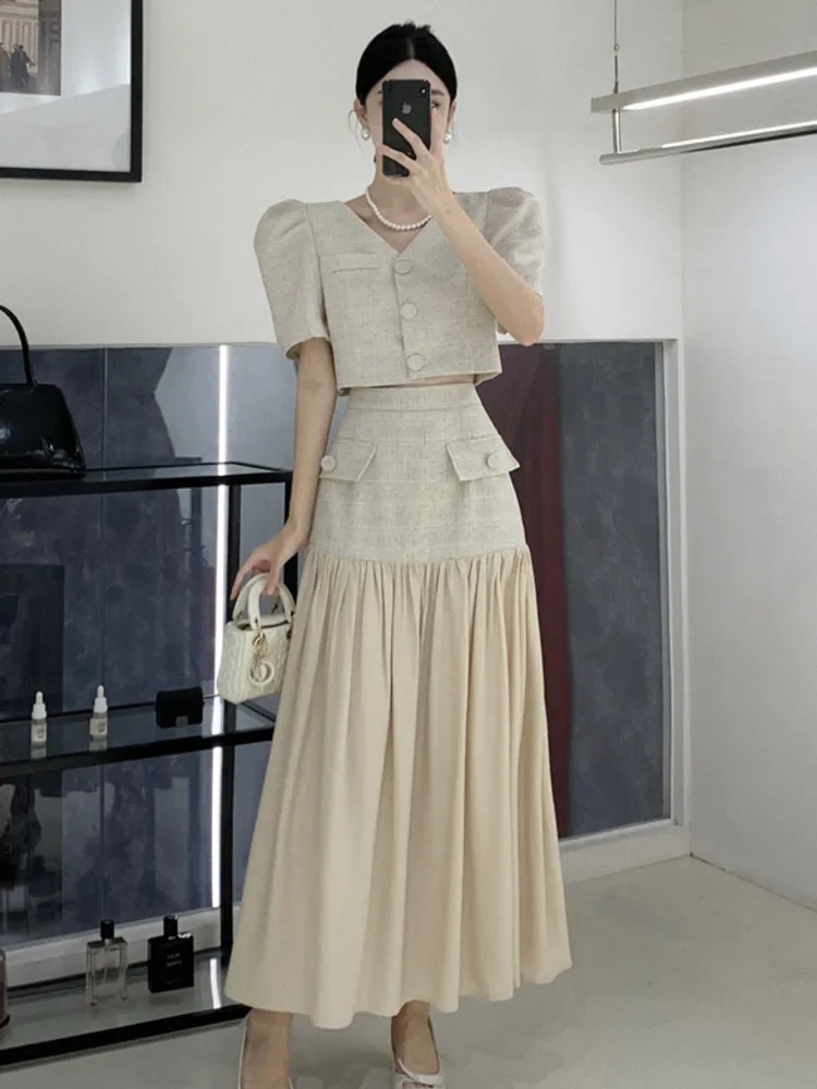 

High Quality French Vintage Two Piece Set Women Crop Top + Patchwork Long Skirt Suits Summer 2 Piece Outfits Ensemble Femme