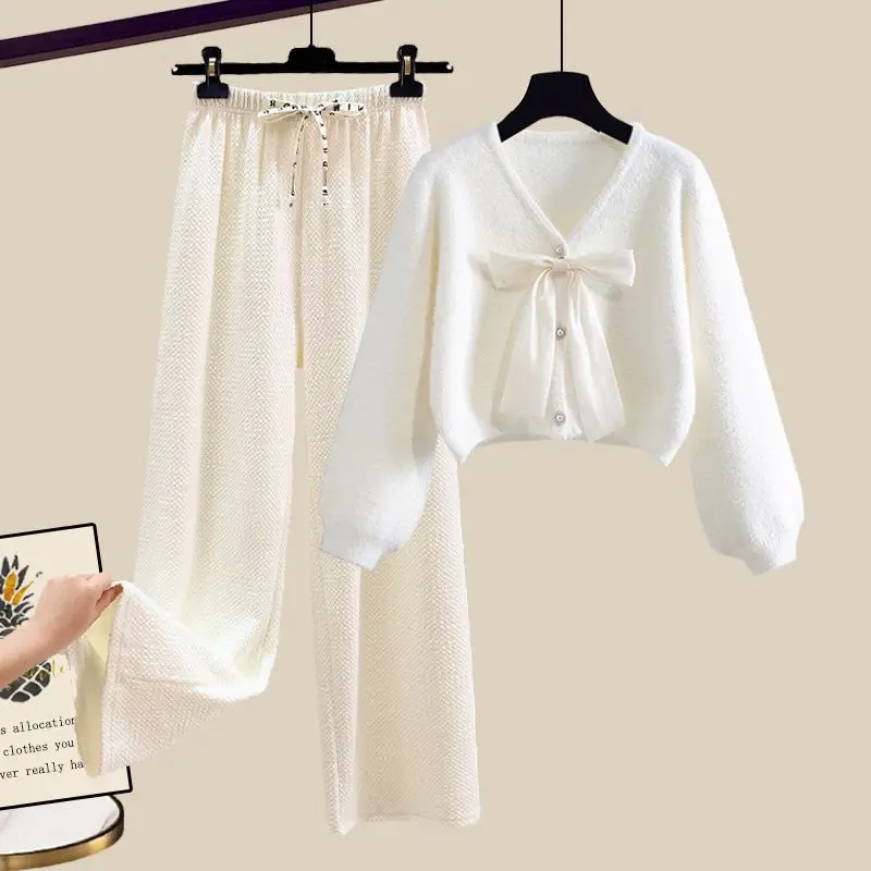 Korean Style Bow Knit Sweater Cardigan Casual Wide Leg Pants Two-piece Elegant Women\'s Pants Set Winter Tracksuit