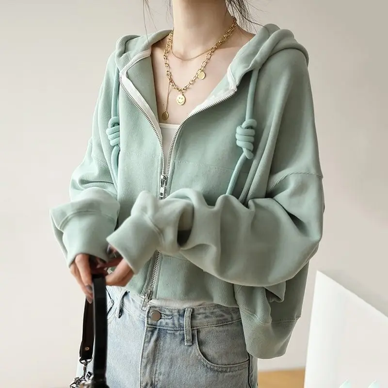 

Oversize Women Zipper Hooded Sweatshirt Long Sleeve Jacket Korean Fashion Coats Solid Casual Loose Spring Autumn Coat