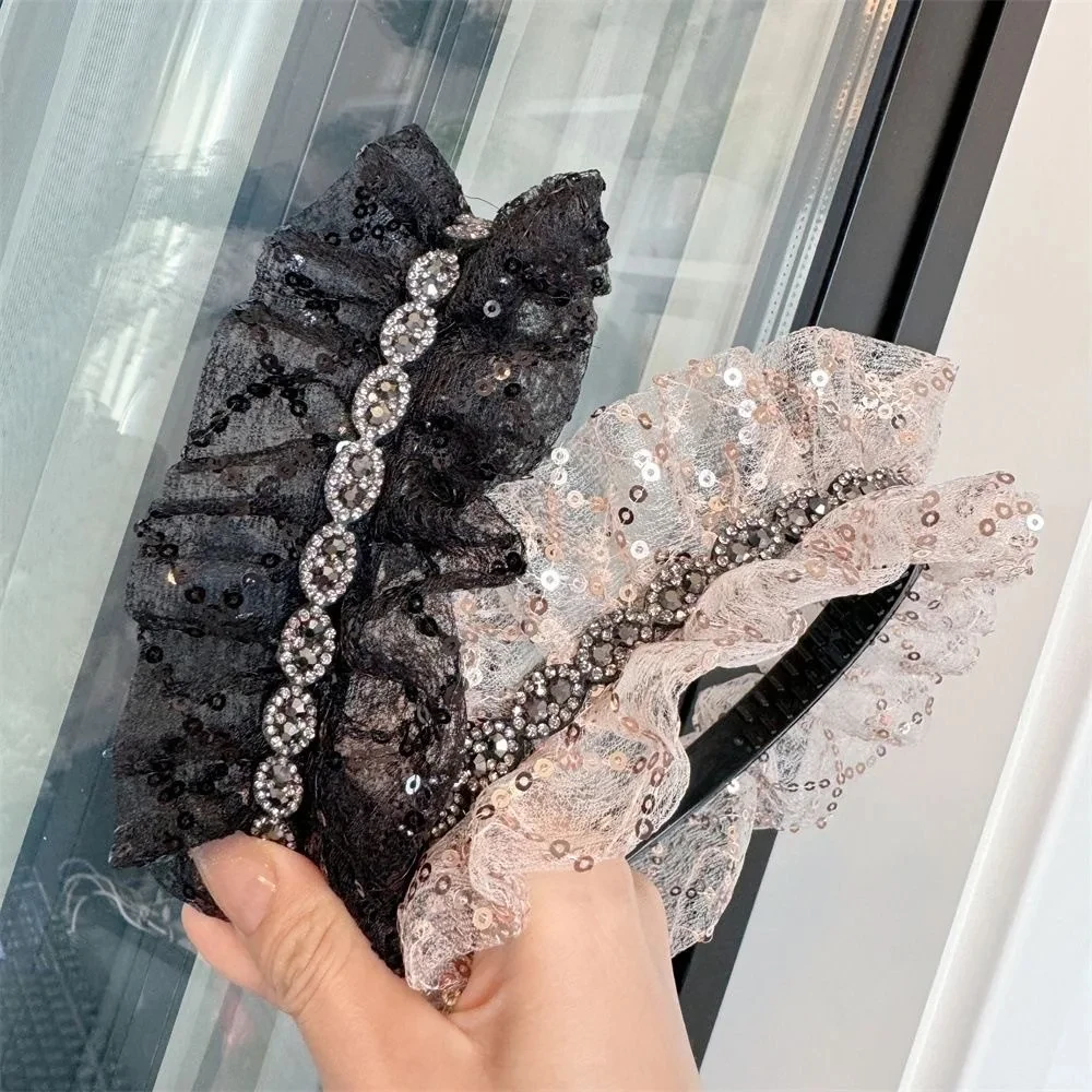 

New Korean Lace Sequin Zircon Headband Women Black Versatile Pleated High-end Feeling Headband For Girl Hair Accessories