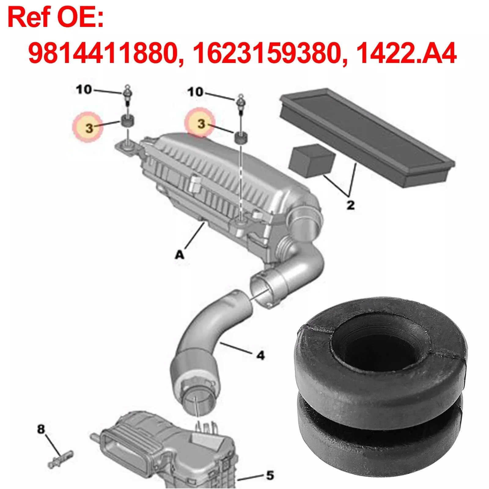 eMagTech 4 ojales de goma de montaje de carcasa de filtro de aire de coche 9814411880 pieza de repuesto 1422A4 compatible con Citroen compatible con Peugeot, color negro
