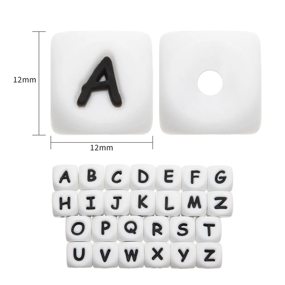 Cuentas de silicona 20 piezas para dentición de bebé, cuentas de letras de 12mm, sin BPA, alfabeto en inglés, cadena de chupete
