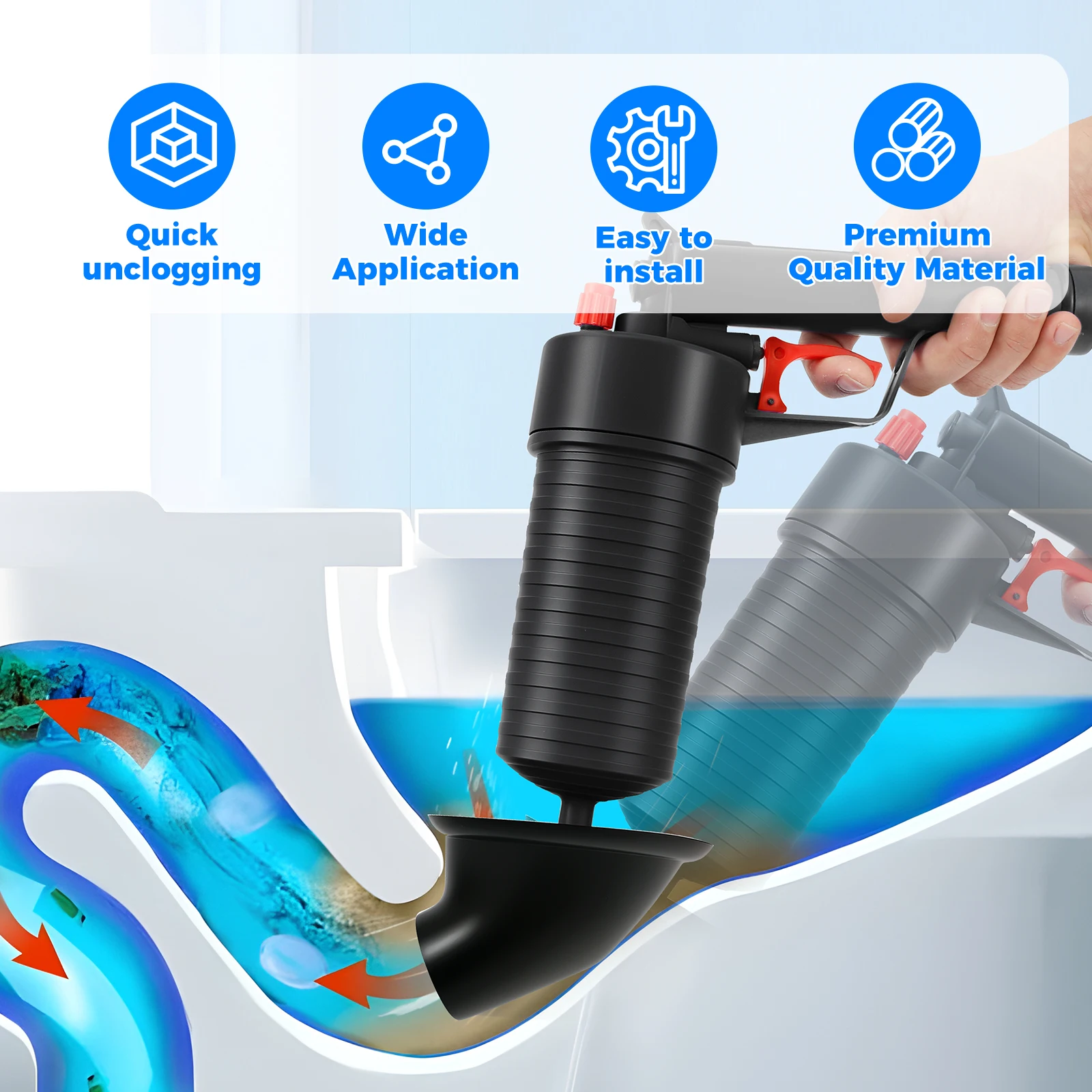Air Pump Pressure Unblocker Toilet Plunger Set with 4 Unclogging Head Efficient Power Drain Clog Remover Tool for Kitchen Toilet
