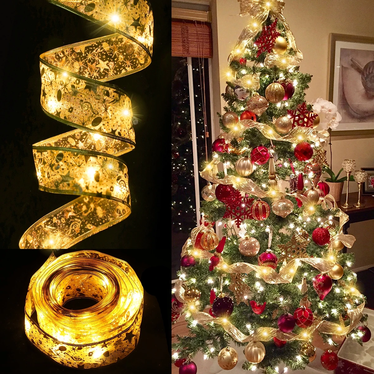 Festive Christmas Ribbon Fairy Light String - Holiday Home Decor Ornament & Gift
