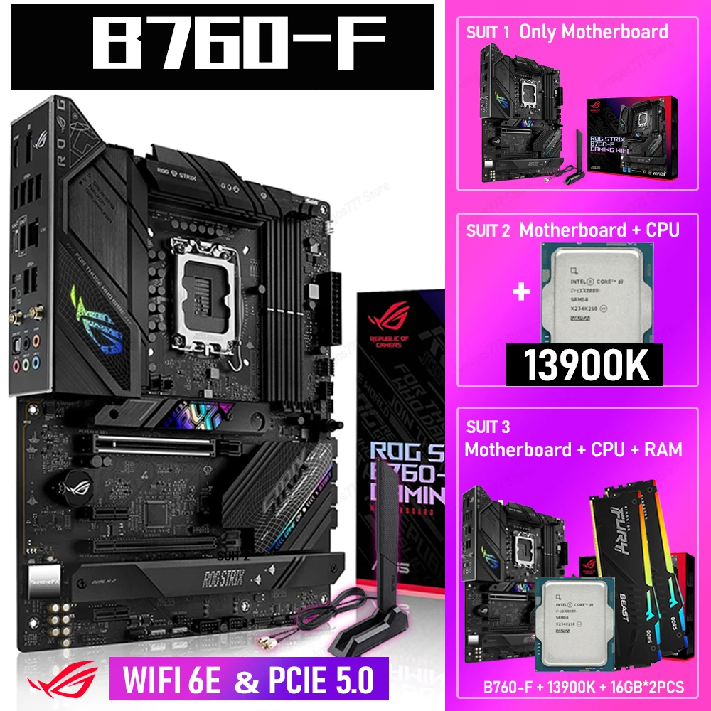 

ASUS LGA 1700 ROG STRIX B760-F GAMING WIFI 6E Motherboard DDR5 Ram With CPU Intel Core i9 13900K kit 32GB 6000 MHz XMP RGB B760