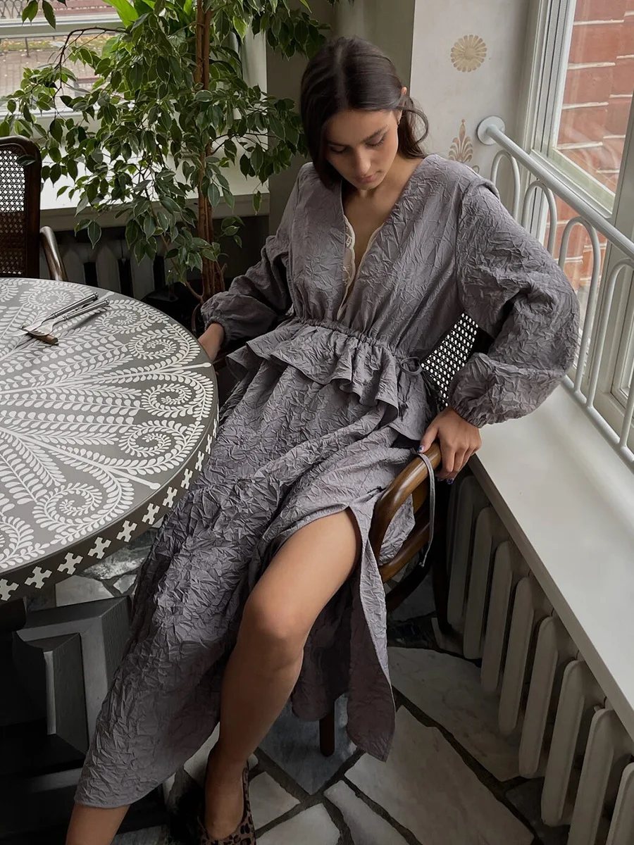 Bornladies Women's Spring Summer New Textured Pleated Dress Ruffle Lantern Sleeve Lace Trim Dress